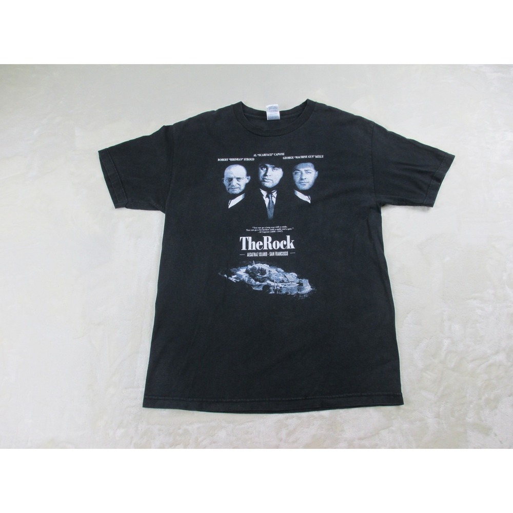 VINTAGE The Rock Shirt Mens Large Black Alcatraz Island Al‎ Capone Cotton*